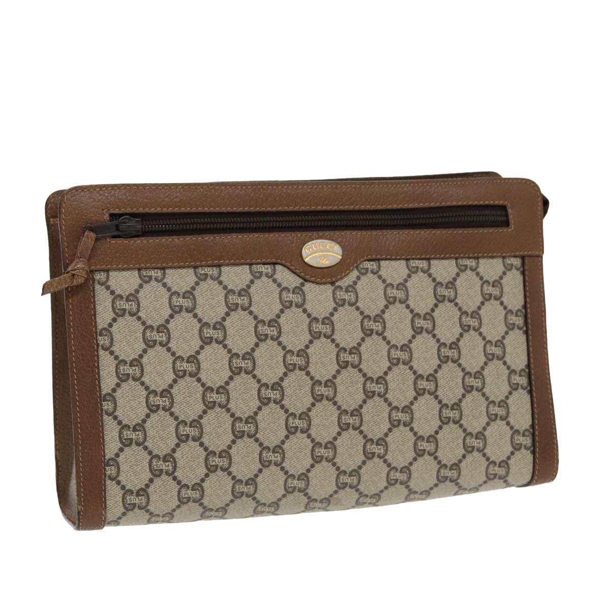 GUCCI GG Plus Supreme Clutch Bag PVC Leather Beige Gold Auth bs19119