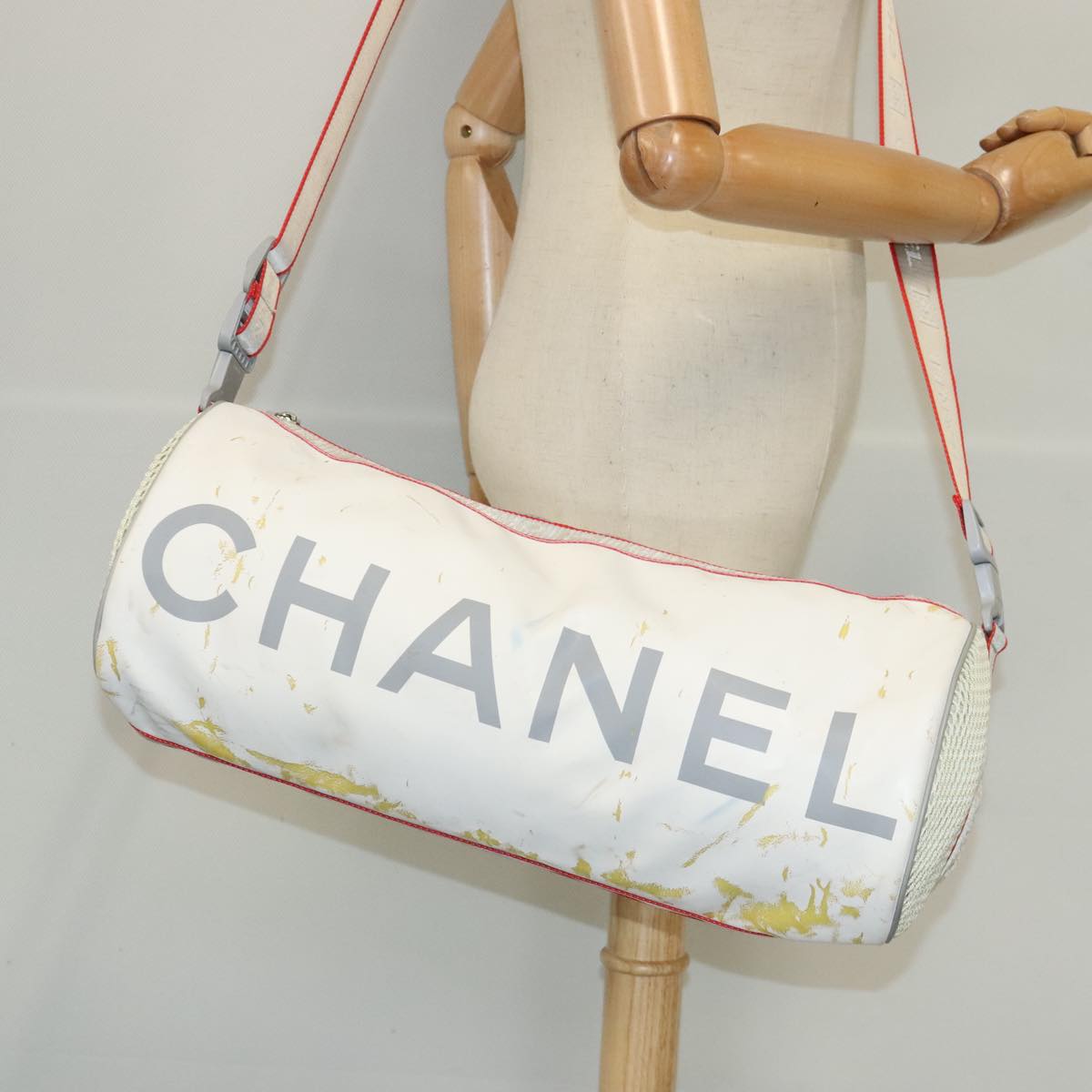 CHANEL Sports Line Shoulder Bag Coated Canvas White Silver CC Auth bs19126