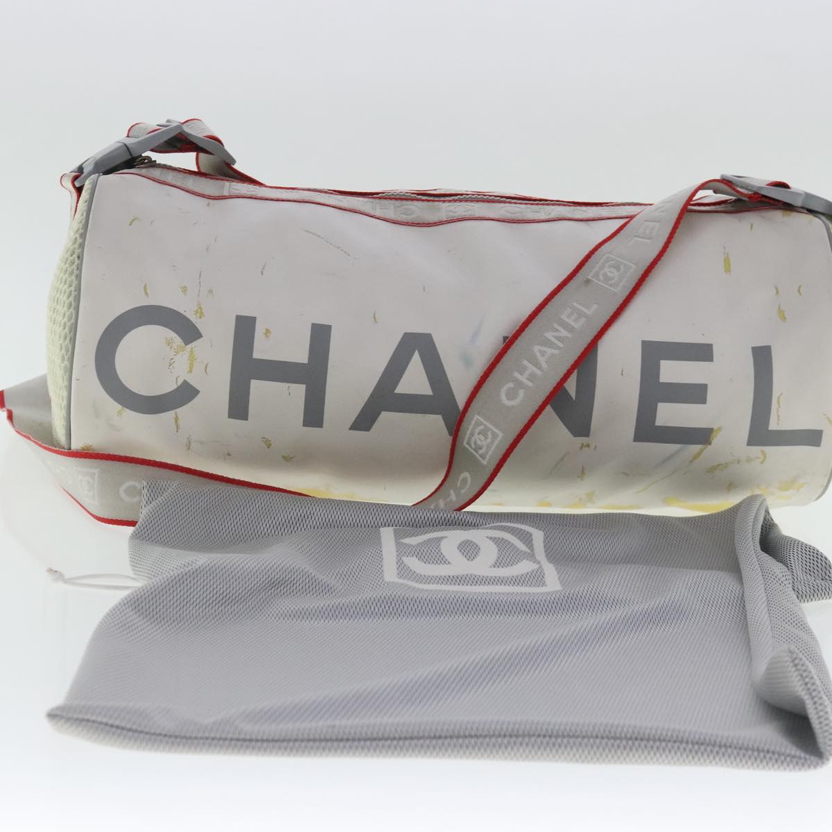 CHANEL Sports Line Shoulder Bag Coated Canvas White Silver CC Auth bs19126