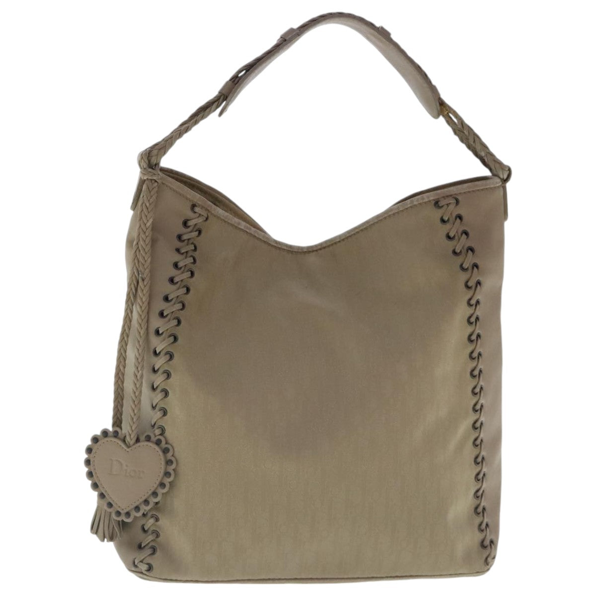 Christian Dior Trotter Canvas Shoulder Bag Beige Silver Auth bs19130