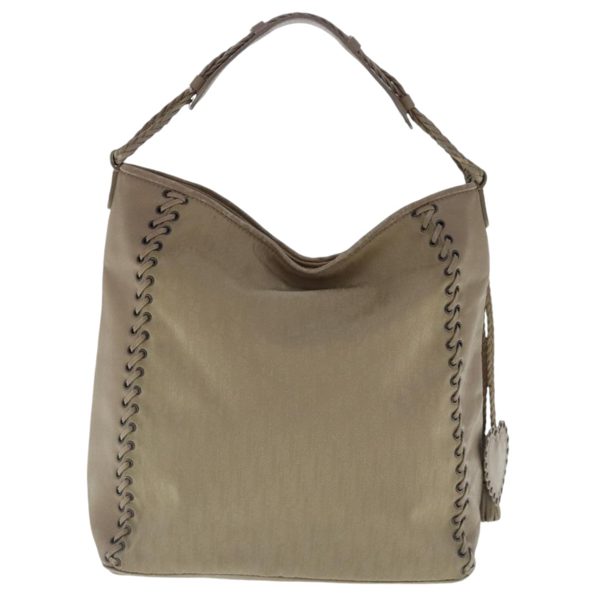 Christian Dior Trotter Canvas Shoulder Bag Beige Silver Auth bs19130