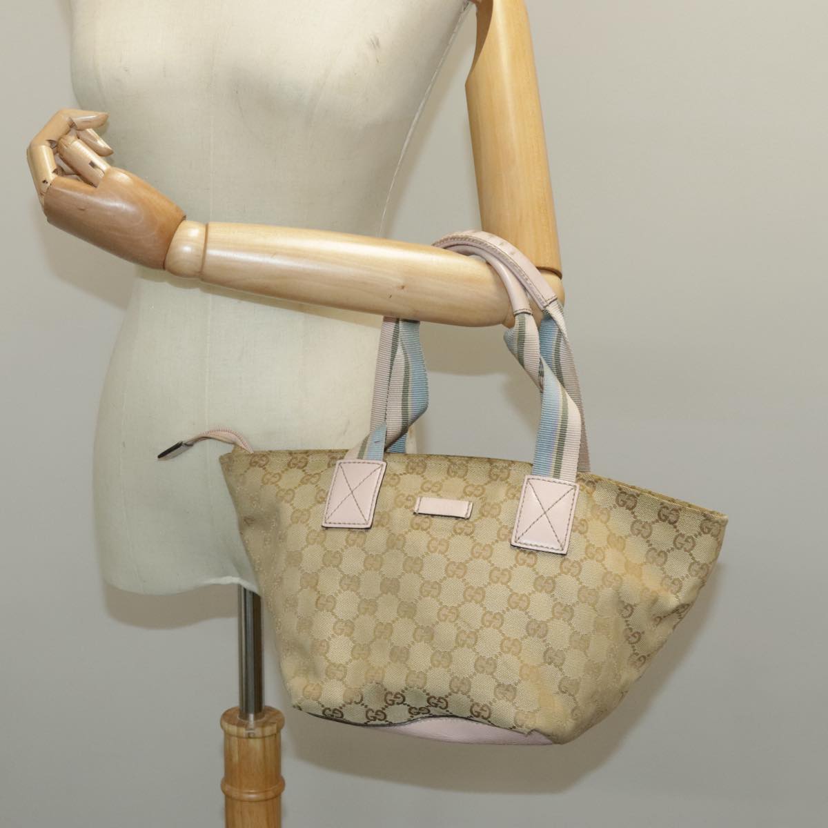 GUCCI GG Canvas Sherry Line Tote Bag Beige Blue pink 131228 Auth bs19133