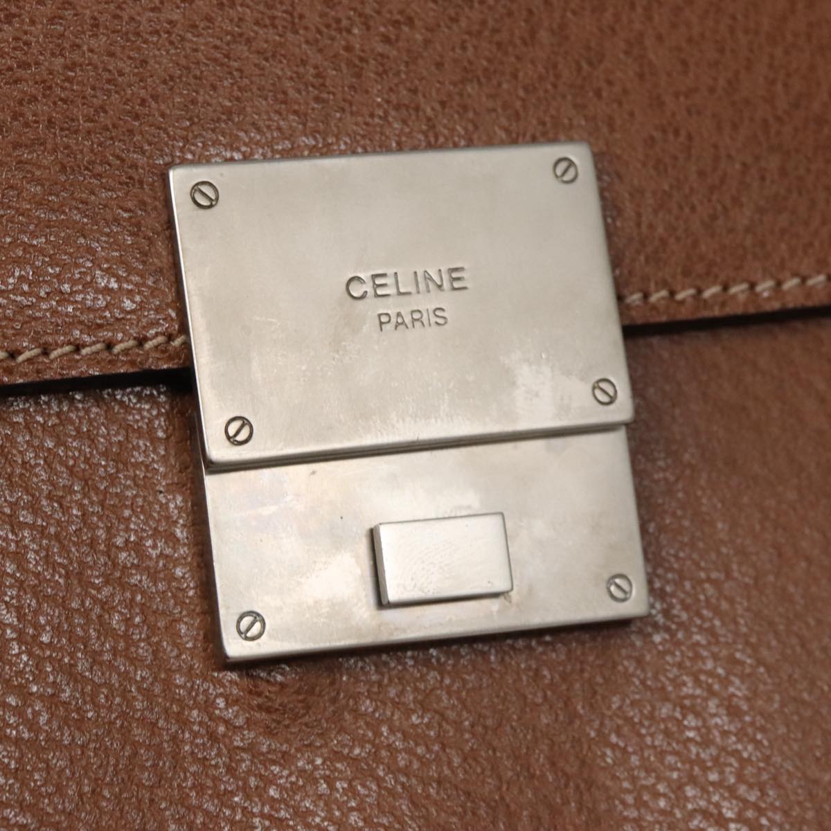 CELINE Clutch Bag Leather Silver Brown Auth bs19146