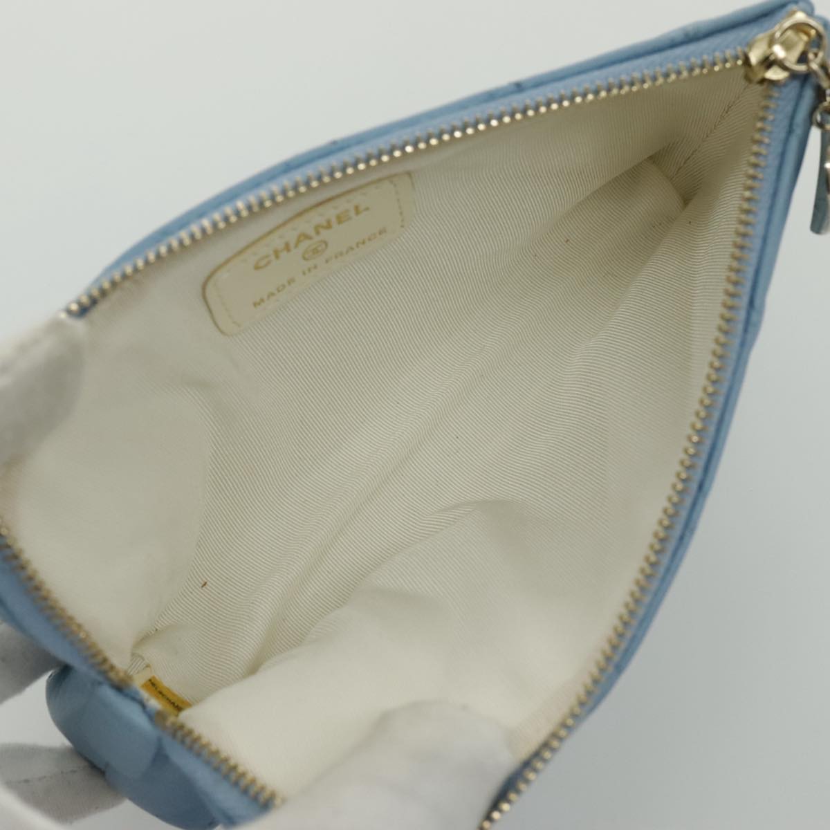 CHANEL Pouch Lamb Skin Light Blue Gold CC Auth bs19170