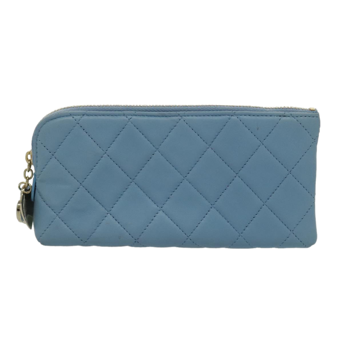 CHANEL Pouch Lamb Skin Light Blue Gold CC Auth bs19170