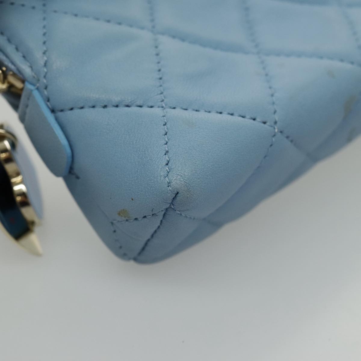 CHANEL Pouch Lamb Skin Light Blue Gold CC Auth bs19170