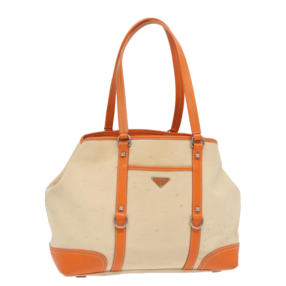 PRADA Tote Bag Canvas Leather Beige Orange Silver Auth bs19186