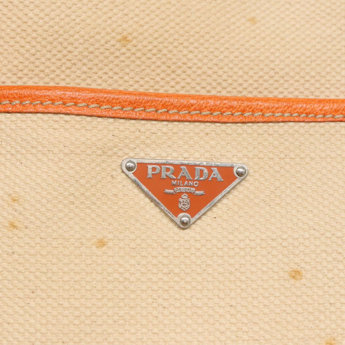 PRADA Tote Bag Canvas Leather Beige Orange Silver Auth bs19186