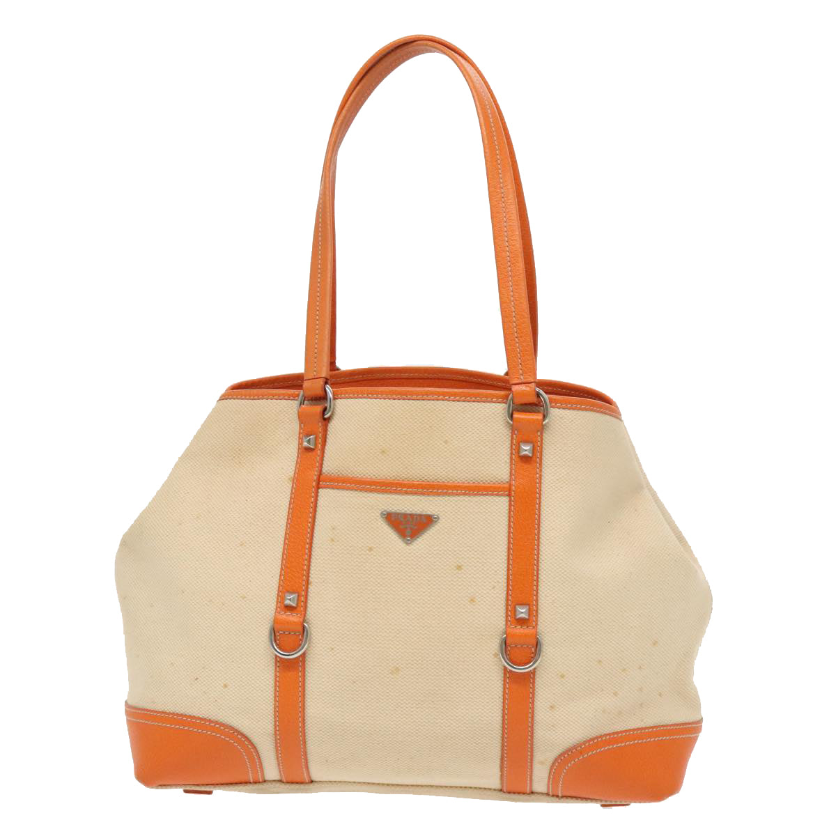 PRADA Tote Bag Canvas Leather Beige Orange Silver Auth bs19186