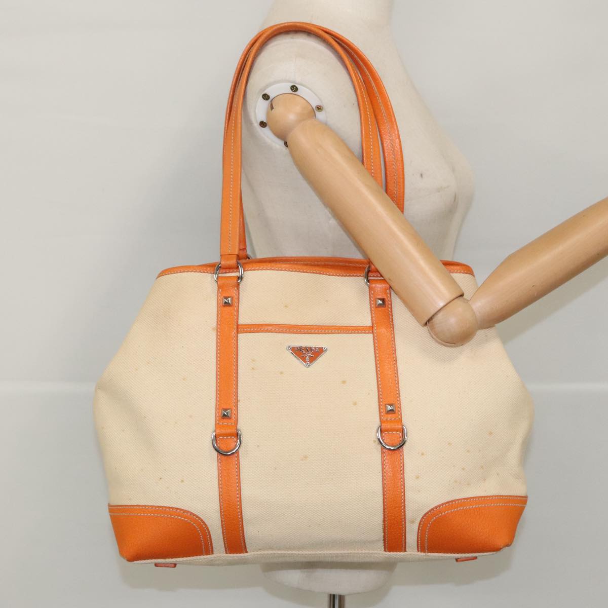 PRADA Tote Bag Canvas Leather Beige Orange Silver Auth bs19186