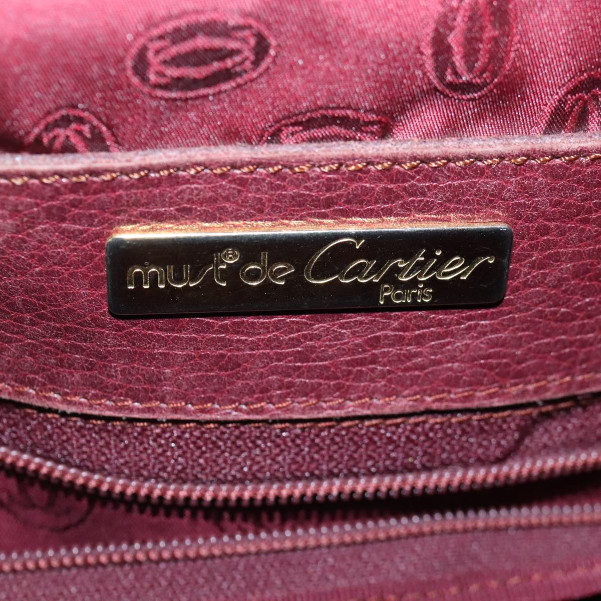 CARTIER Hand Bag Leather Red Gold Auth bs19205