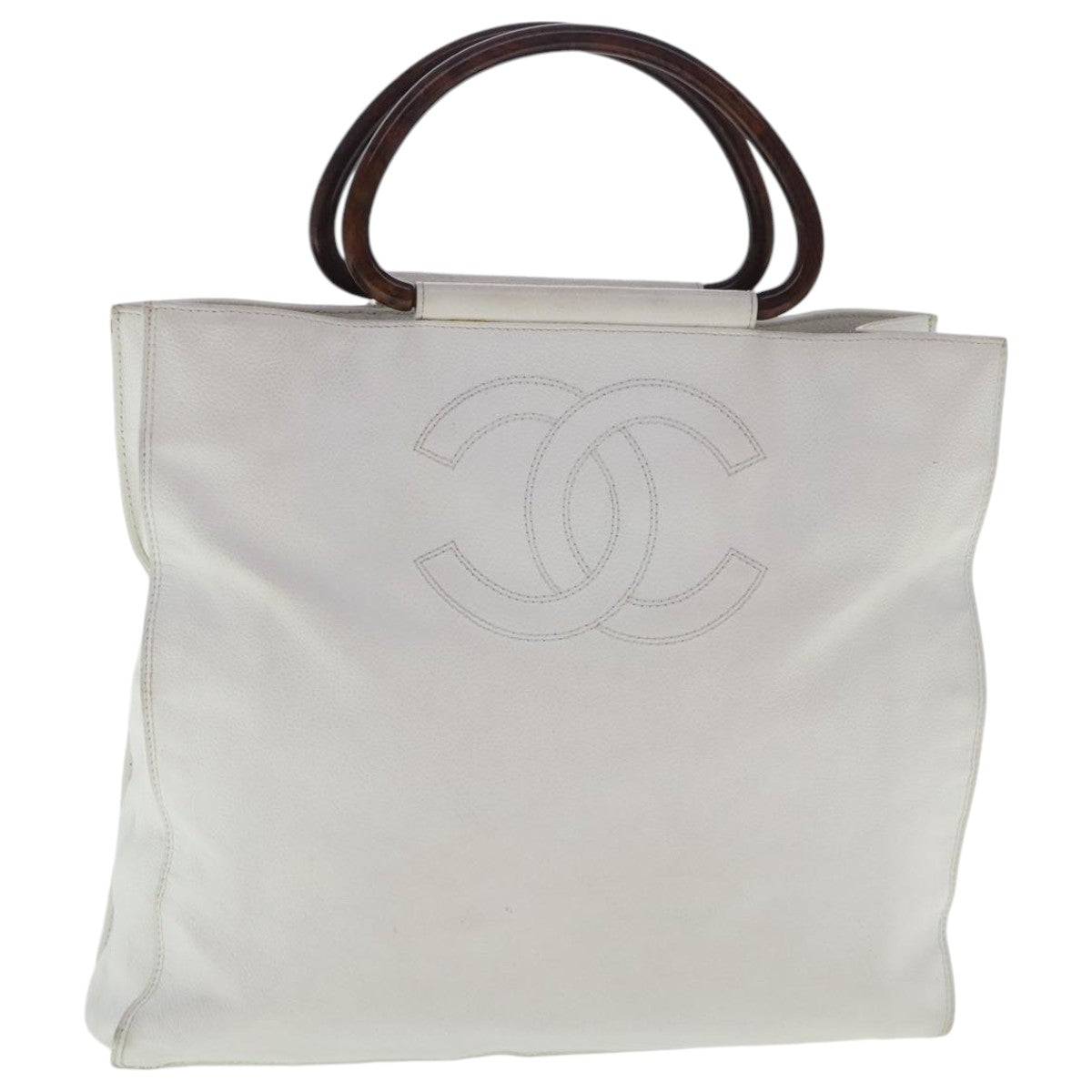 CHANEL Hand Bag Caviar Skin White Gold CC Auth bs19209