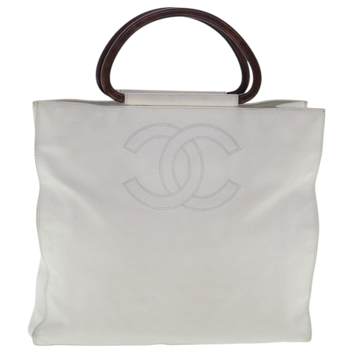 CHANEL Hand Bag Caviar Skin White Gold CC Auth bs19209 - 0