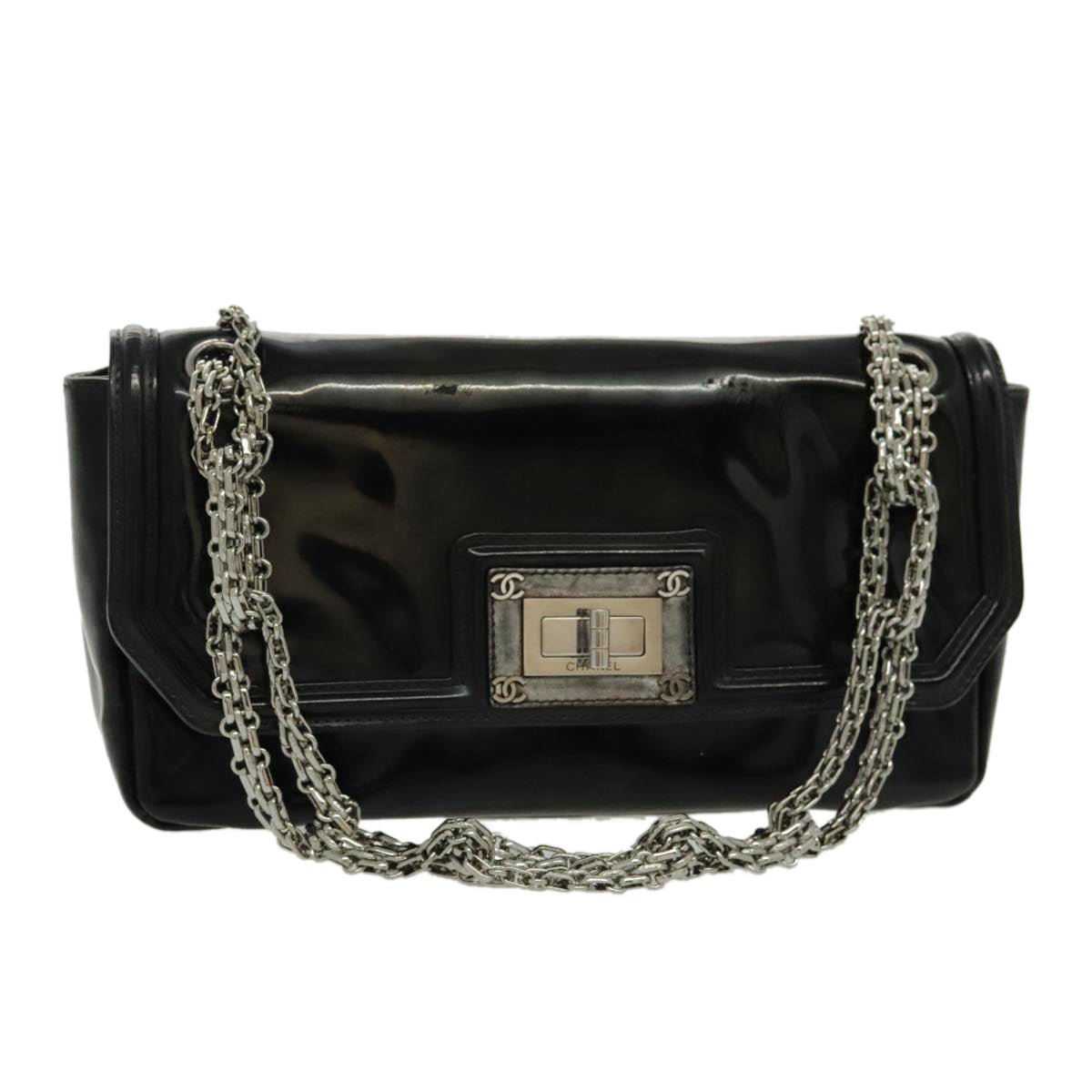 CHANEL Chain Shoulder Bag Patent leather Black Silver CC Auth bs19211