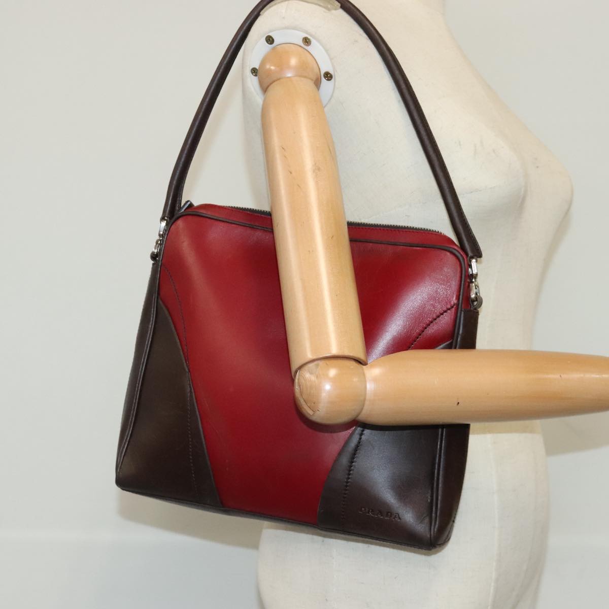 PRADA Shoulder Bag Leather Red Silver Auth bs19227