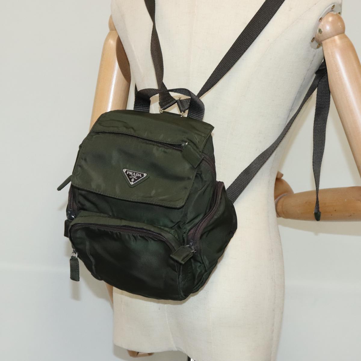 PRADA Backpack Nylon Khaki Silver Auth bs19233