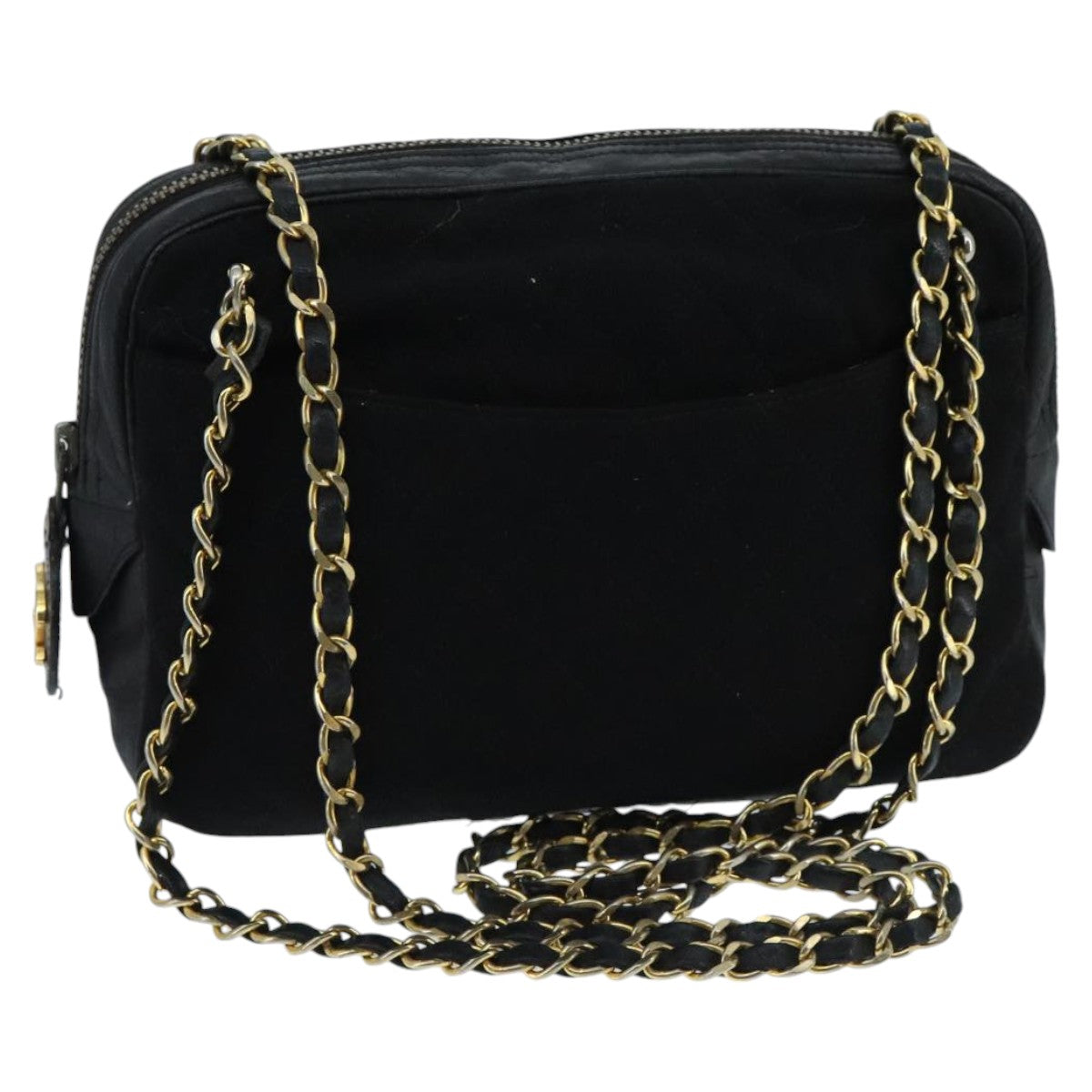 CHANEL Matelasse Chain Shoulder Bag Cotton Black Gold CC Auth bs19253