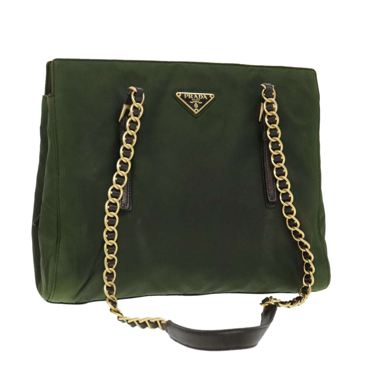 PRADA Chain Shoulder Bag Nylon Green Dark Brown Gold Auth bs19254