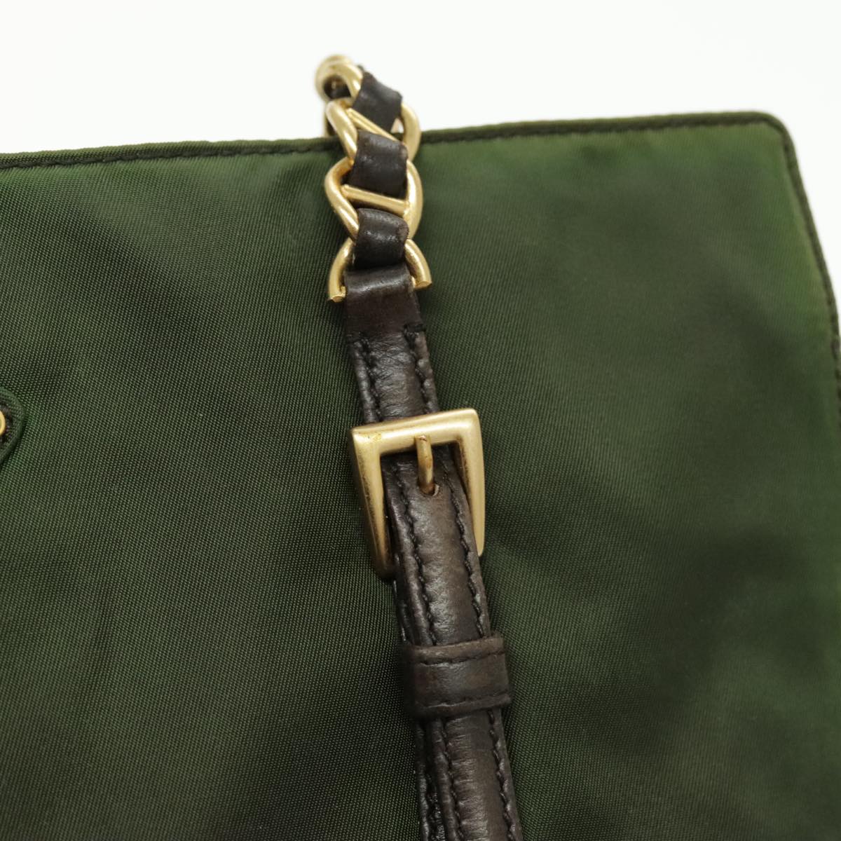 PRADA Chain Shoulder Bag Nylon Green Dark Brown Gold Auth bs19254