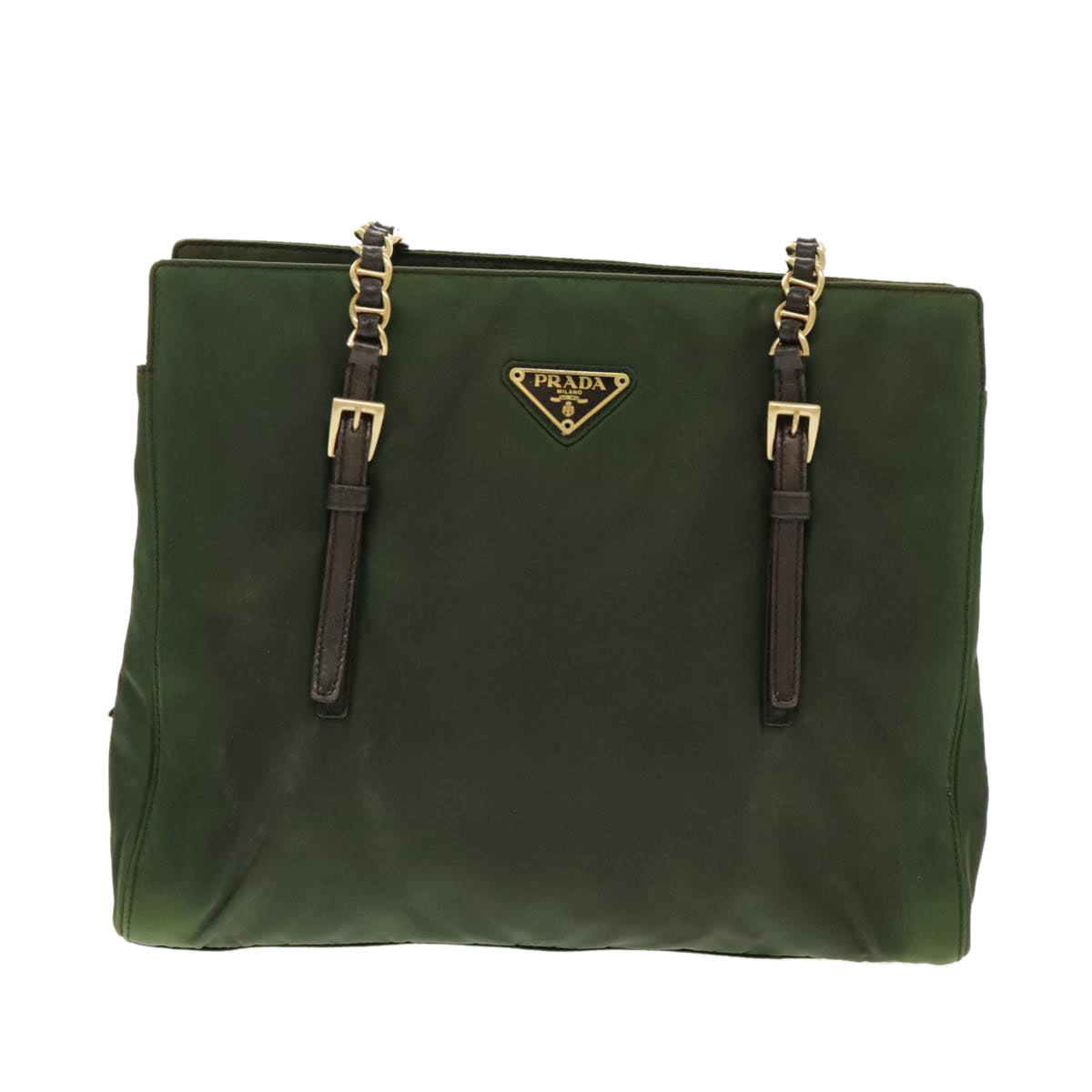 PRADA Chain Shoulder Bag Nylon Green Dark Brown Gold Auth bs19254