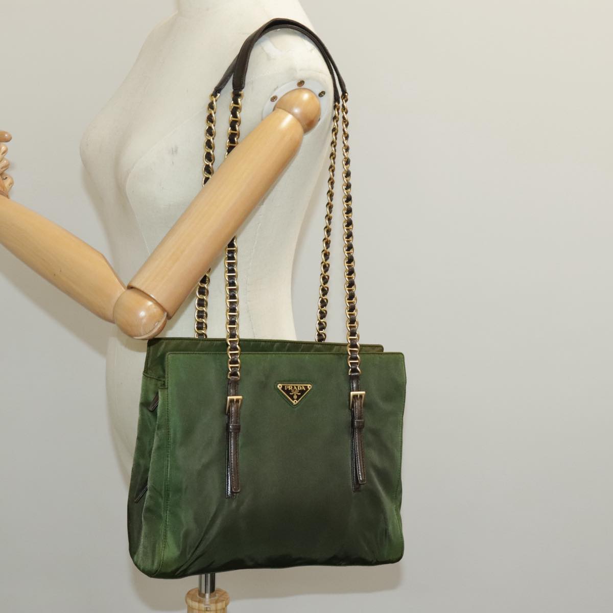 PRADA Chain Shoulder Bag Nylon Green Dark Brown Gold Auth bs19254