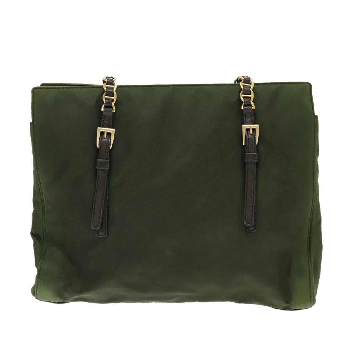 PRADA Chain Shoulder Bag Nylon Green Dark Brown Gold Auth bs19254 - 0