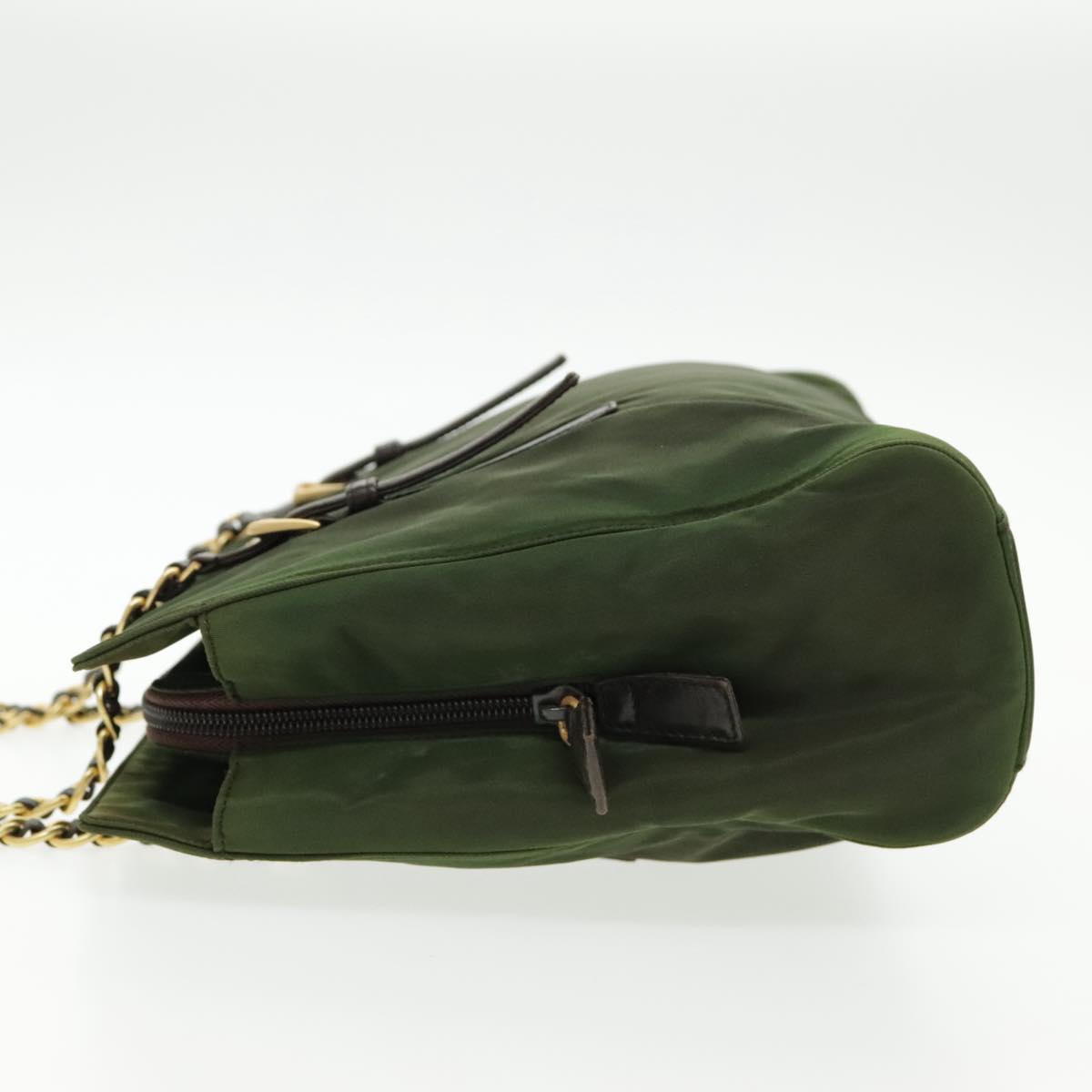 PRADA Chain Shoulder Bag Nylon Green Dark Brown Gold Auth bs19254