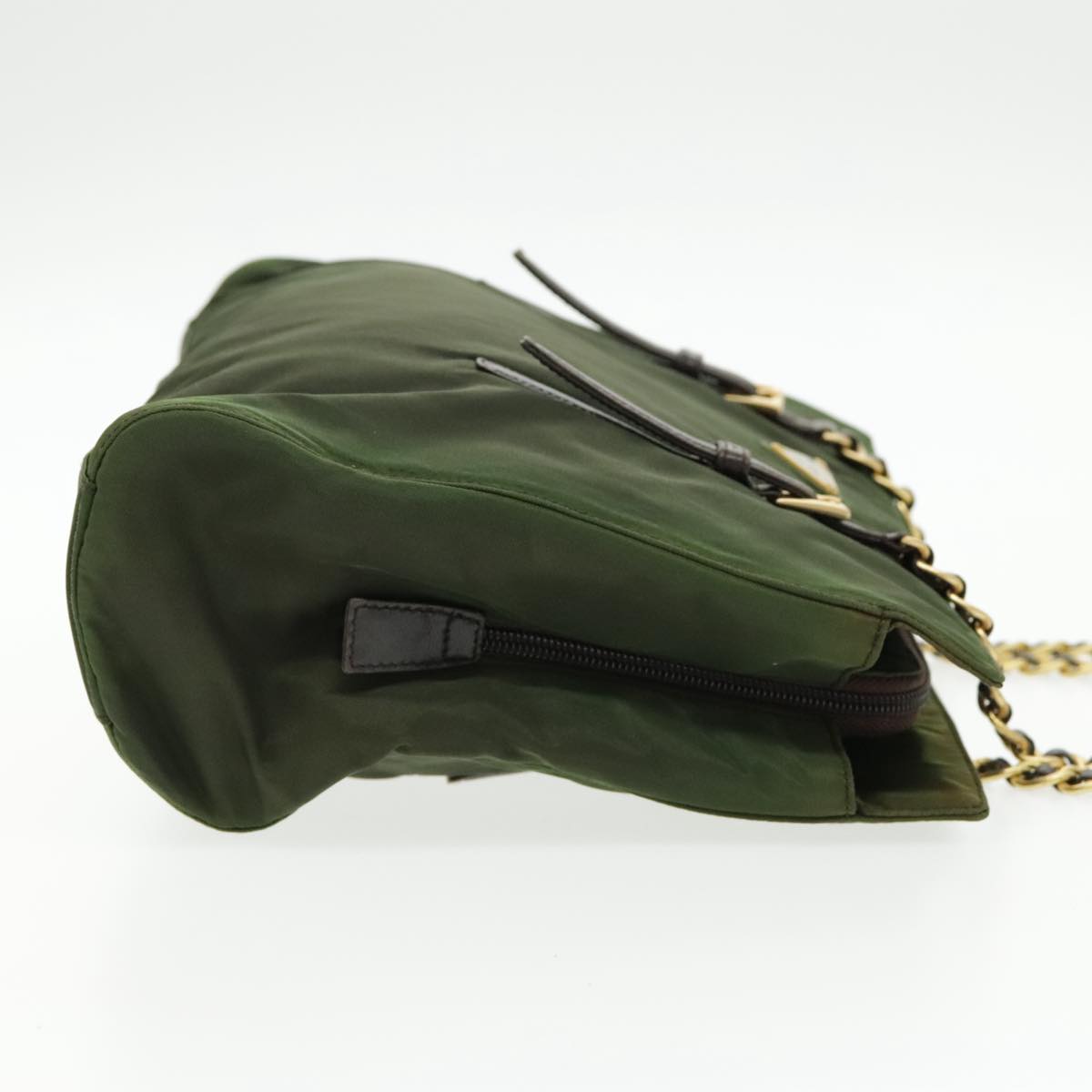 PRADA Chain Shoulder Bag Nylon Green Dark Brown Gold Auth bs19254