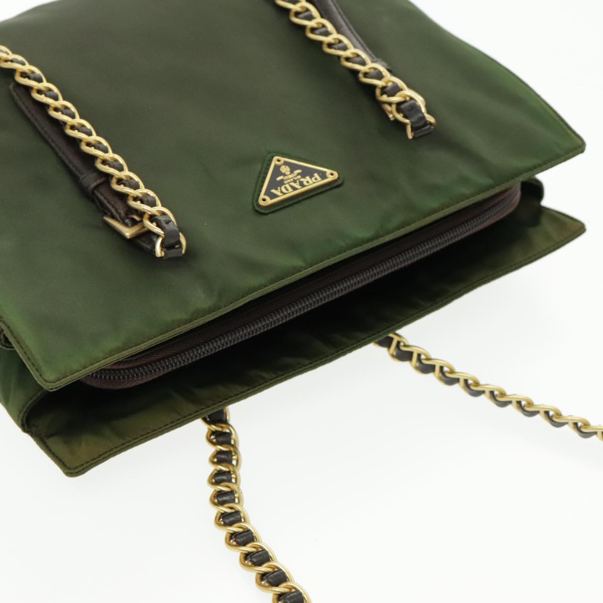 PRADA Chain Shoulder Bag Nylon Green Dark Brown Gold Auth bs19254