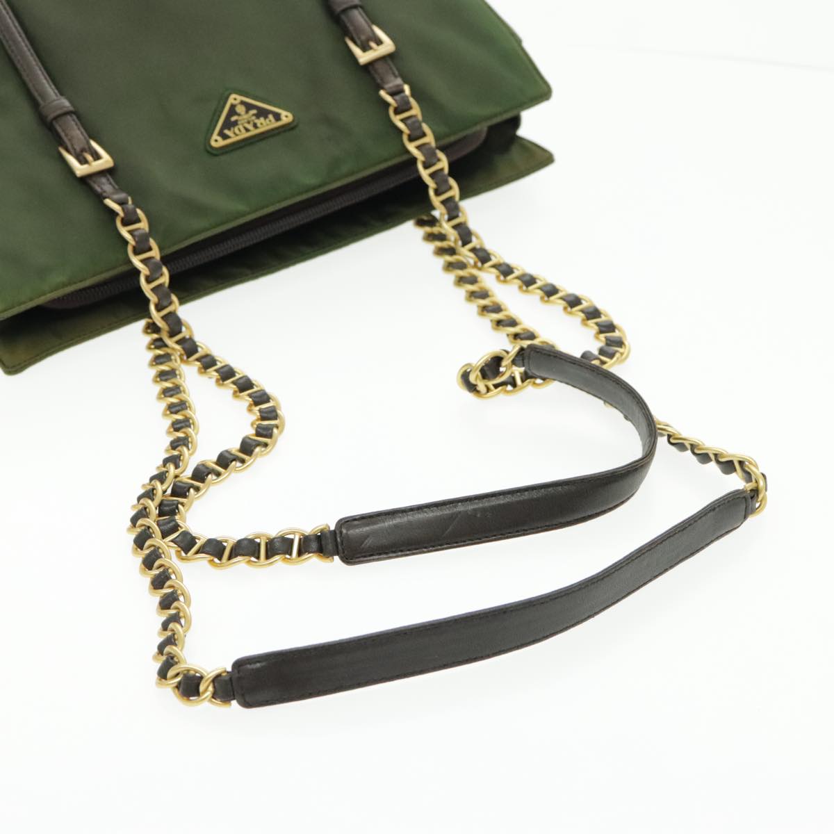 PRADA Chain Shoulder Bag Nylon Green Dark Brown Gold Auth bs19254