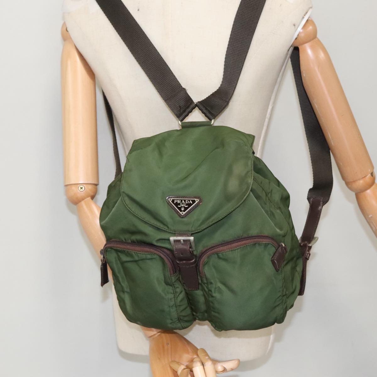 PRADA Backpack Nylon Green Brown Silver Auth bs19257