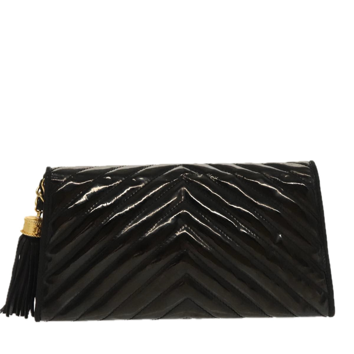 CHANEL V Stitch Clutch Bag Patent leather Black Gold CC Auth bs19260 - 0