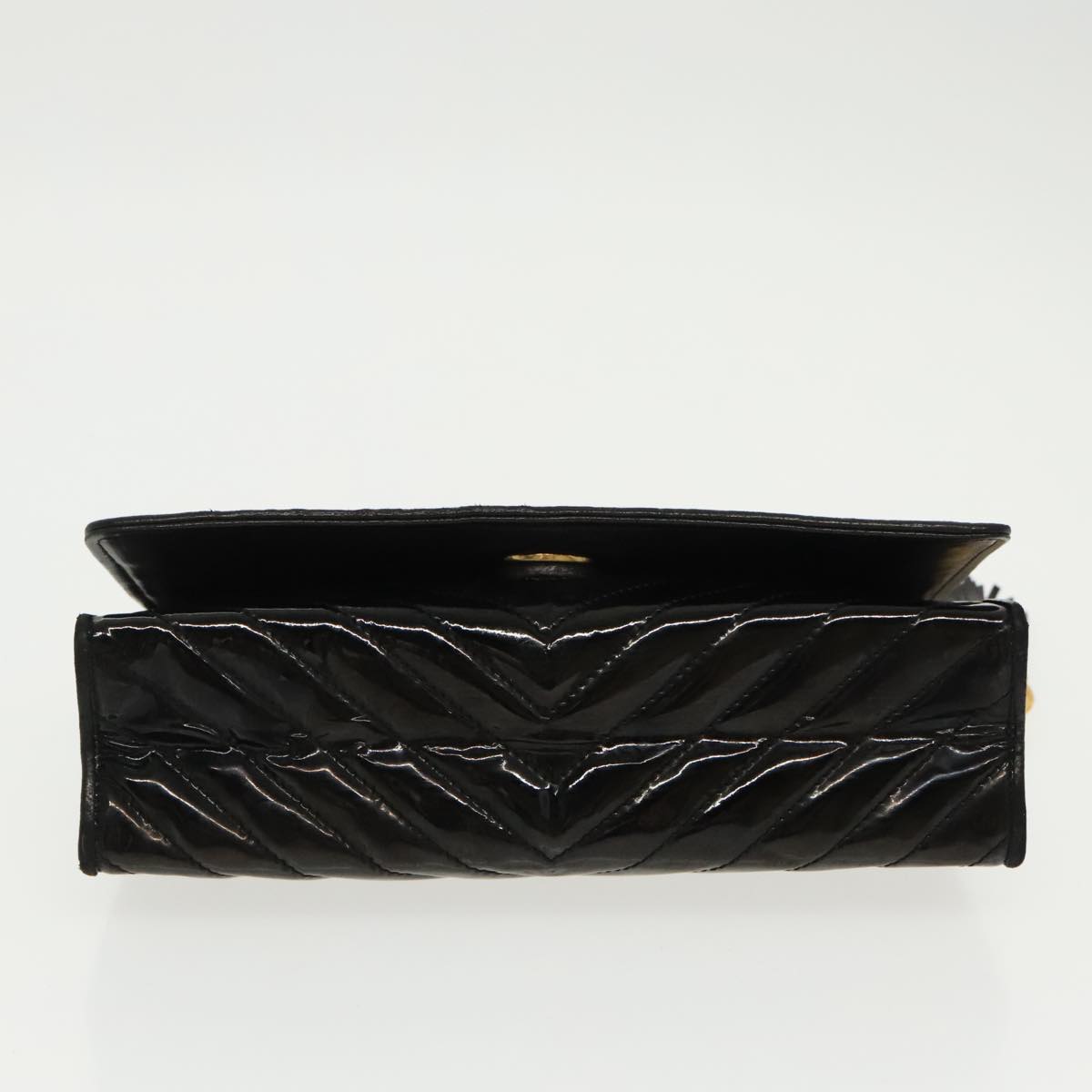 CHANEL V Stitch Clutch Bag Patent leather Black Gold CC Auth bs19260