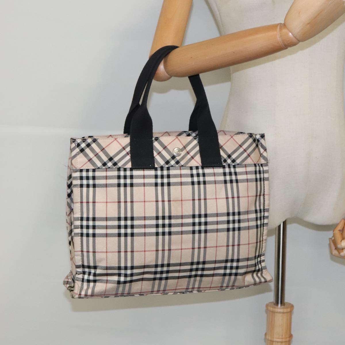 BURBERRY Nova Check Hand Bag Nylon Beige Black Silver Auth bs19267