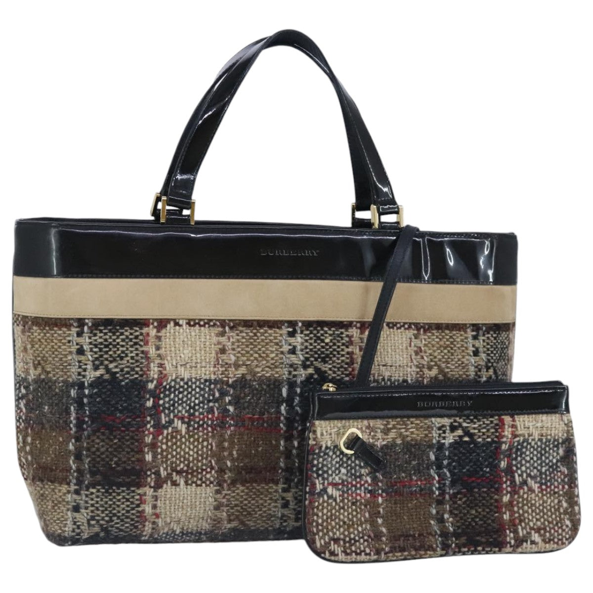 BURBERRY Hand Bag Wool Beige Gold Auth bs19268