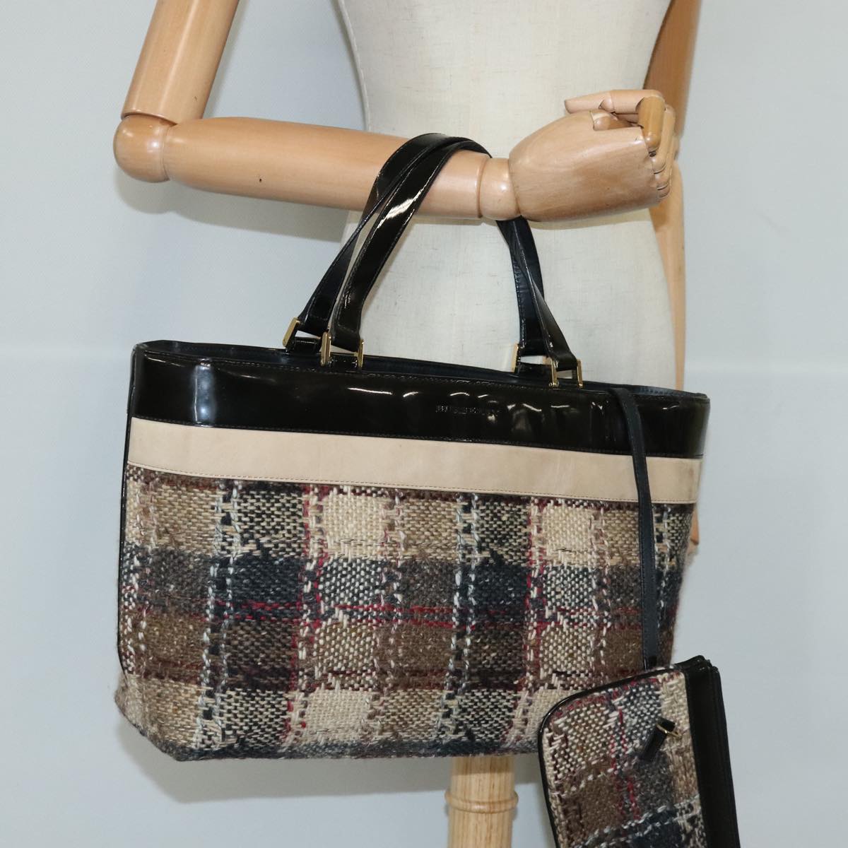 BURBERRY Hand Bag Wool Beige Gold Auth bs19268