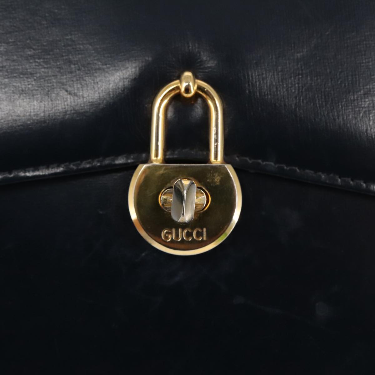 GUCCI Shoulder Bag Leather Navy Gold Auth bs19275