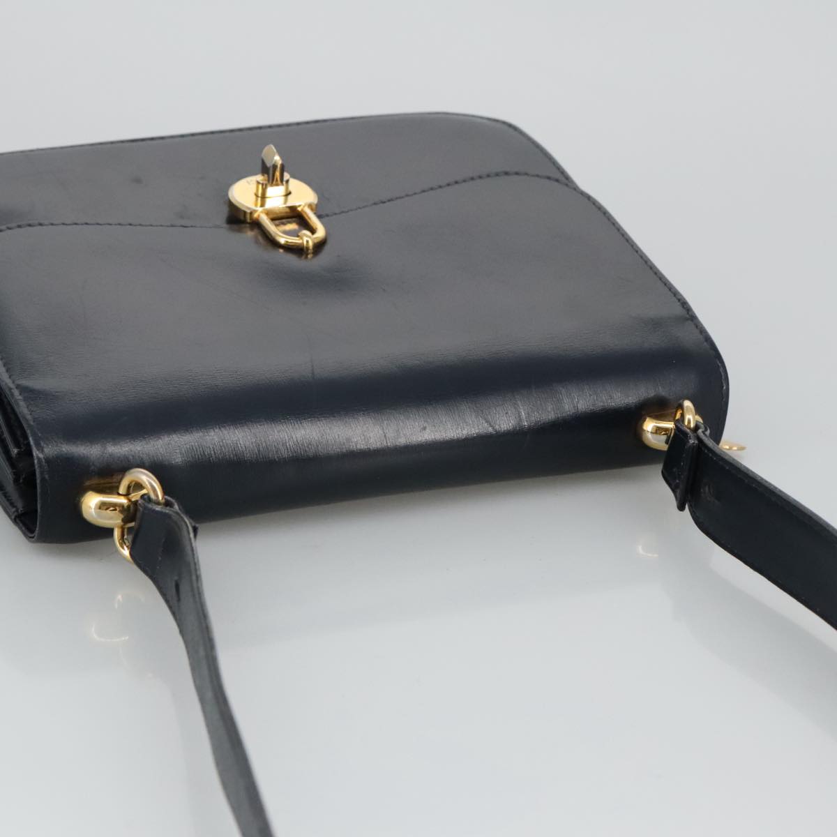 GUCCI Shoulder Bag Leather Navy Gold Auth bs19275