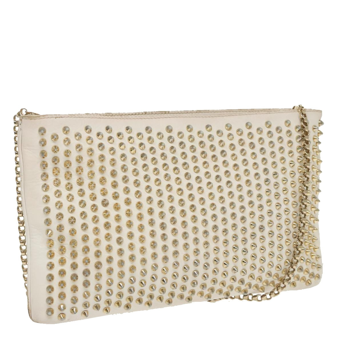 Christian Louboutin Studs Shoulder Bag Leather Gold White Auth bs19277