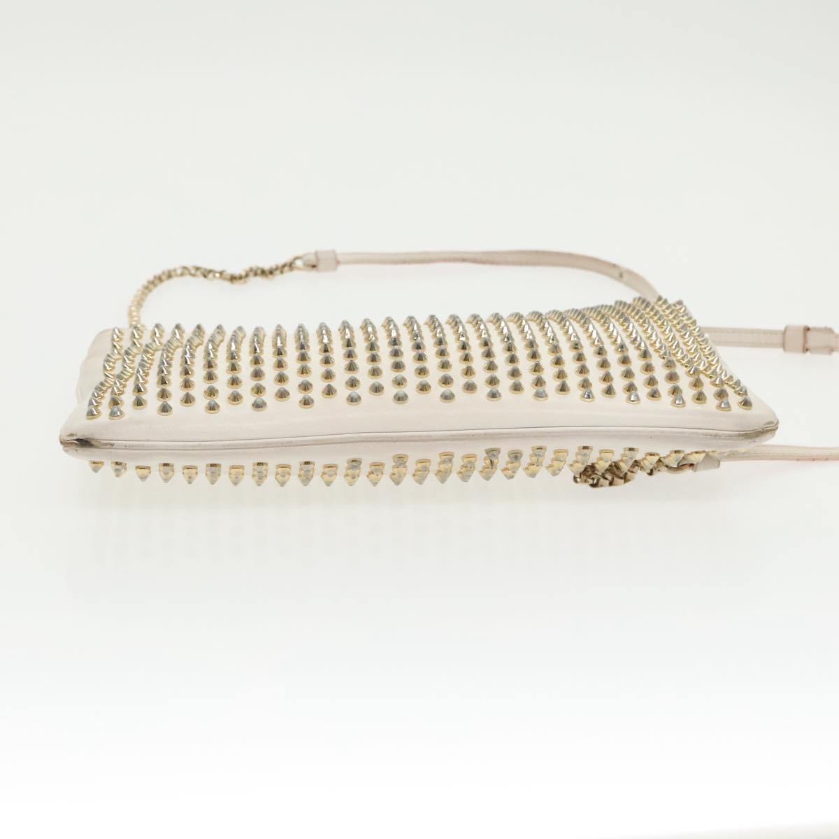 Christian Louboutin Studs Shoulder Bag Leather Gold White Auth bs19277