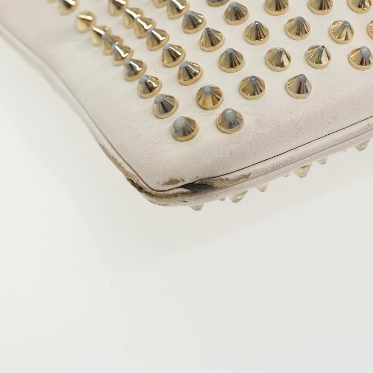 Christian Louboutin Studs Shoulder Bag Leather Gold White Auth bs19277