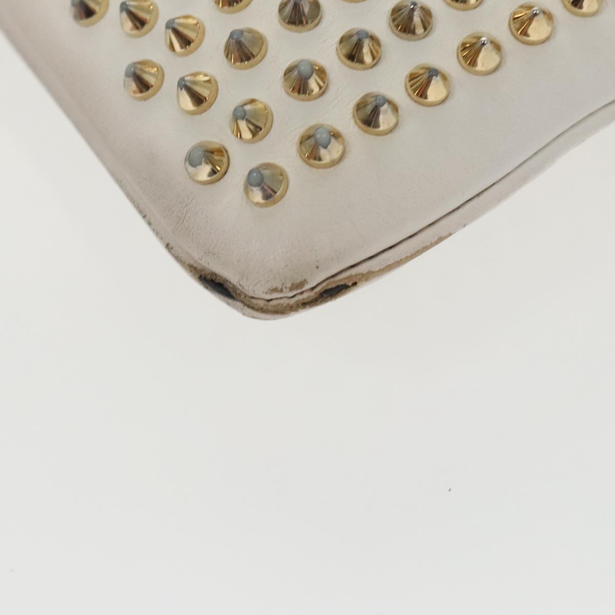 Christian Louboutin Studs Shoulder Bag Leather Gold White Auth bs19277