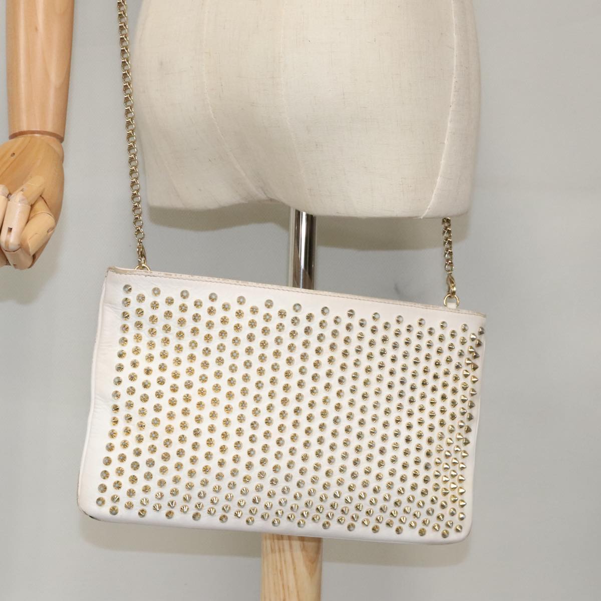 Christian Louboutin Studs Shoulder Bag Leather Gold White Auth bs19277