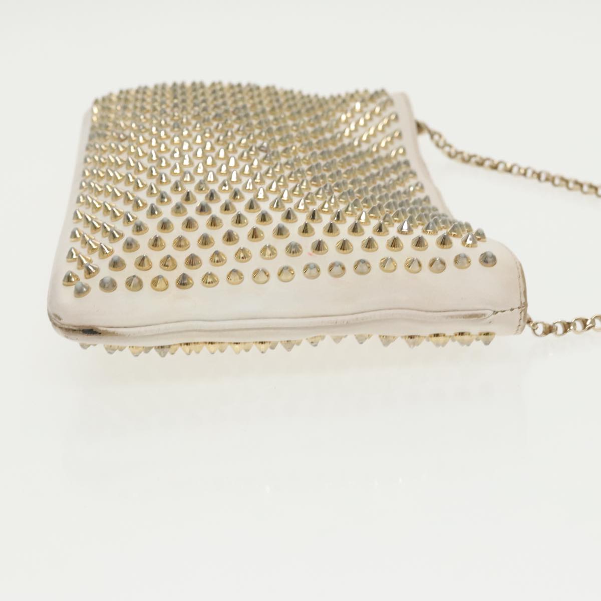 Christian Louboutin Studs Shoulder Bag Leather Gold White Auth bs19277