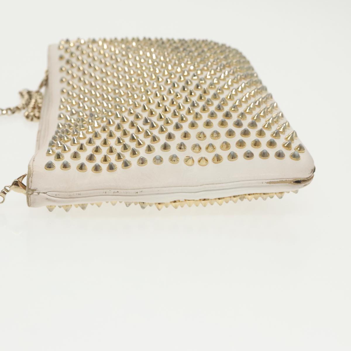 Christian Louboutin Studs Shoulder Bag Leather Gold White Auth bs19277