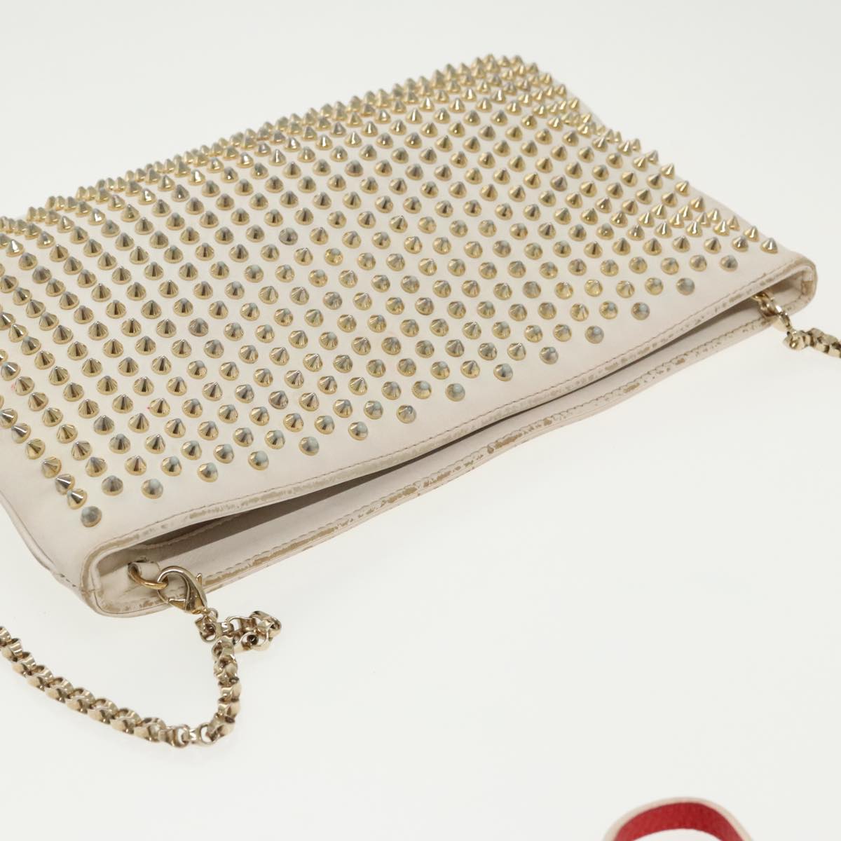 Christian Louboutin Studs Shoulder Bag Leather Gold White Auth bs19277