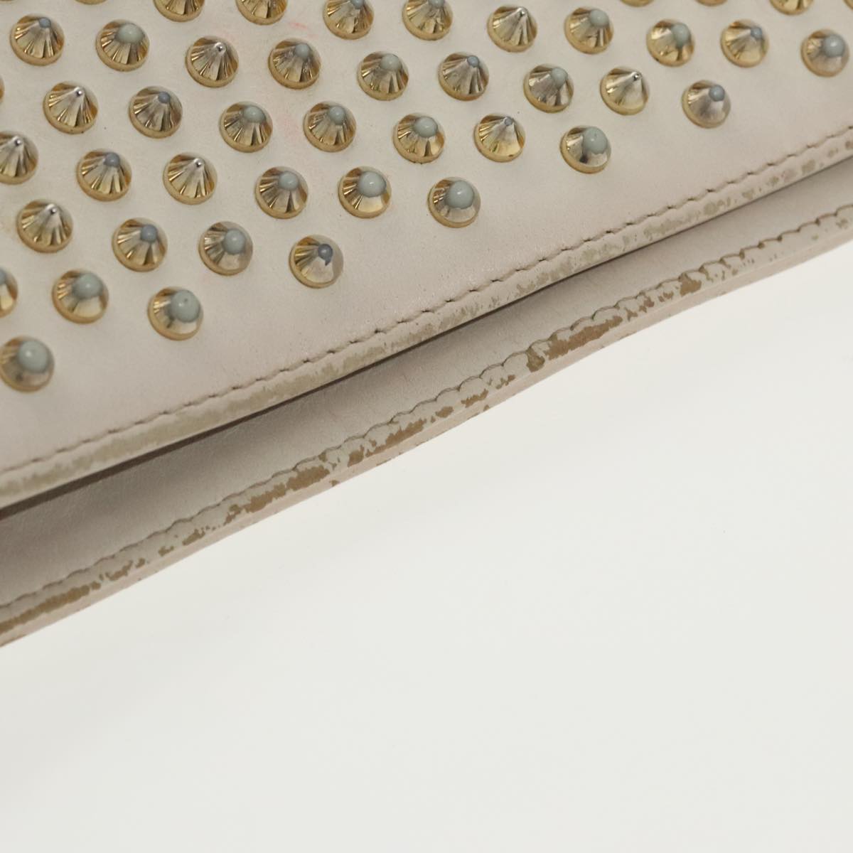 Christian Louboutin Studs Shoulder Bag Leather Gold White Auth bs19277