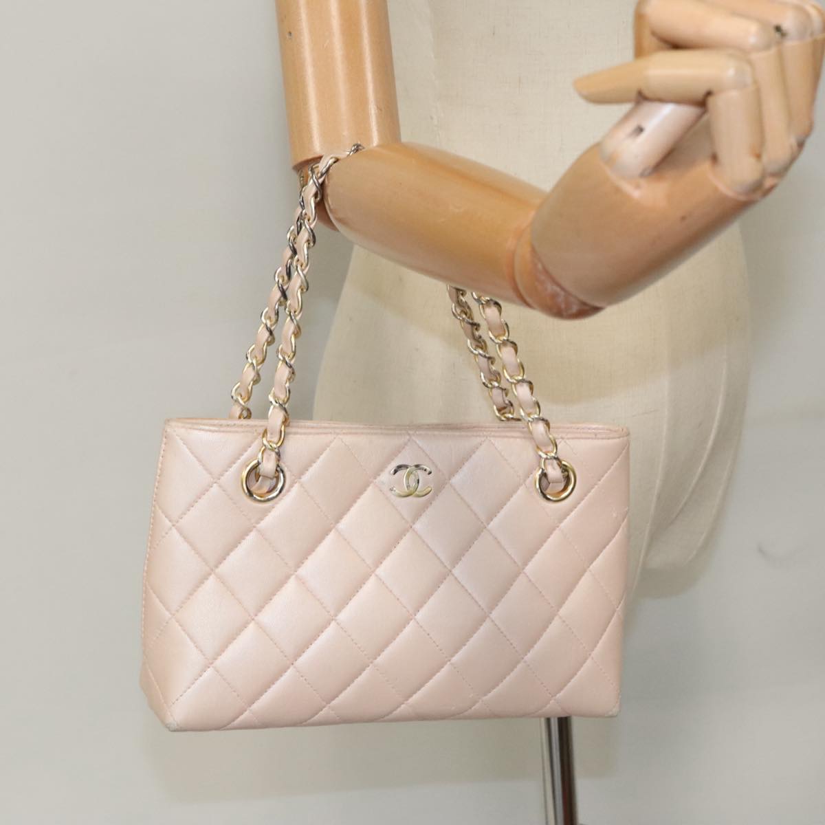 CHANEL Matelasse Chain Hand Bag Leather Pink Silver CC Auth bs19287