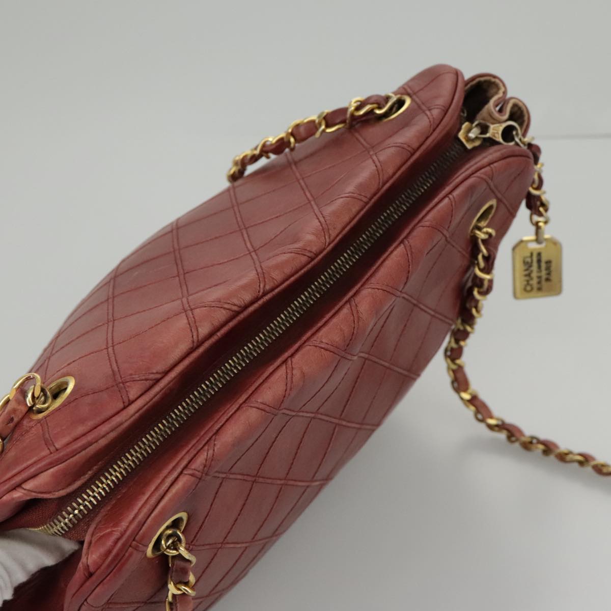 CHANEL Bicolore Chain Shoulder Bag Leather Red Gold CC Auth bs19290