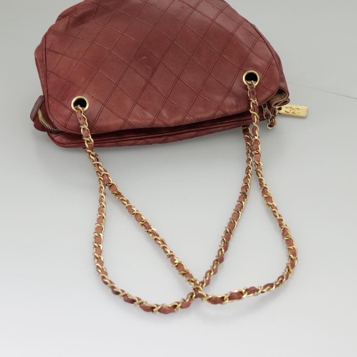 CHANEL Bicolore Chain Shoulder Bag Leather Red Gold CC Auth bs19290